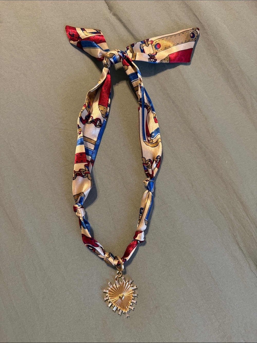Silk Scarf Necklace with Gold Heart Pendant - Red, Blue, Cream